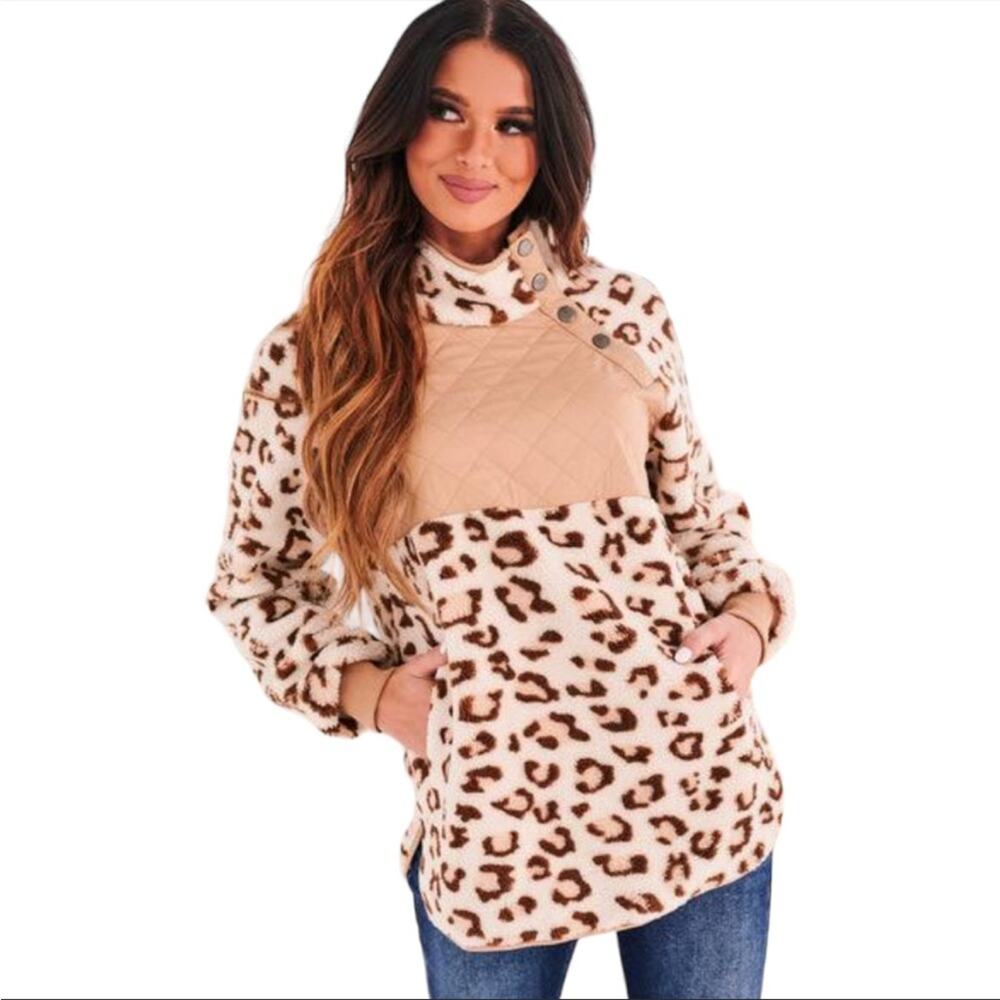 White Birch Leopard Print Cotton Blend Pullover Sweater Quilted Size Medium